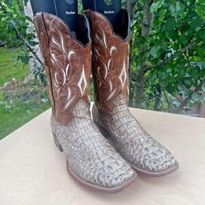 Men's Rodeo Cowboy Boots  Alligator Print Western Square Toe Boots Tan Size 12.5